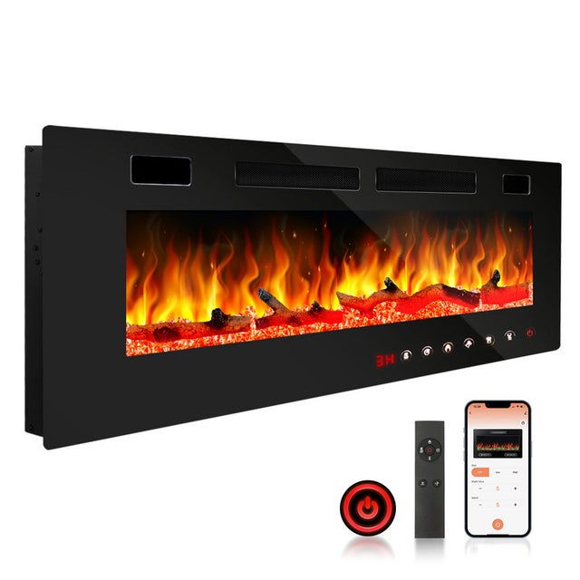 Cheminée Murale Électrique Noir avec Télécommande, Minuterie 8 Heures et Écran Tactile – 750W/1500W