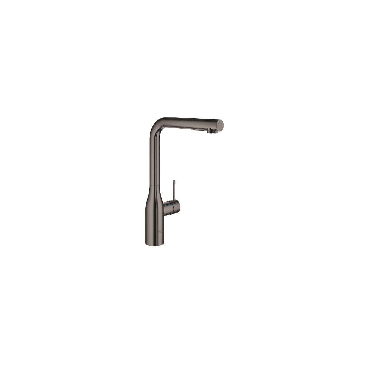 Baterie de bucatarie Grohe 30270A00, Essence, 3/8'', pipa inalta, tip L, dus extractabil, 2 functii, lucios, grafit