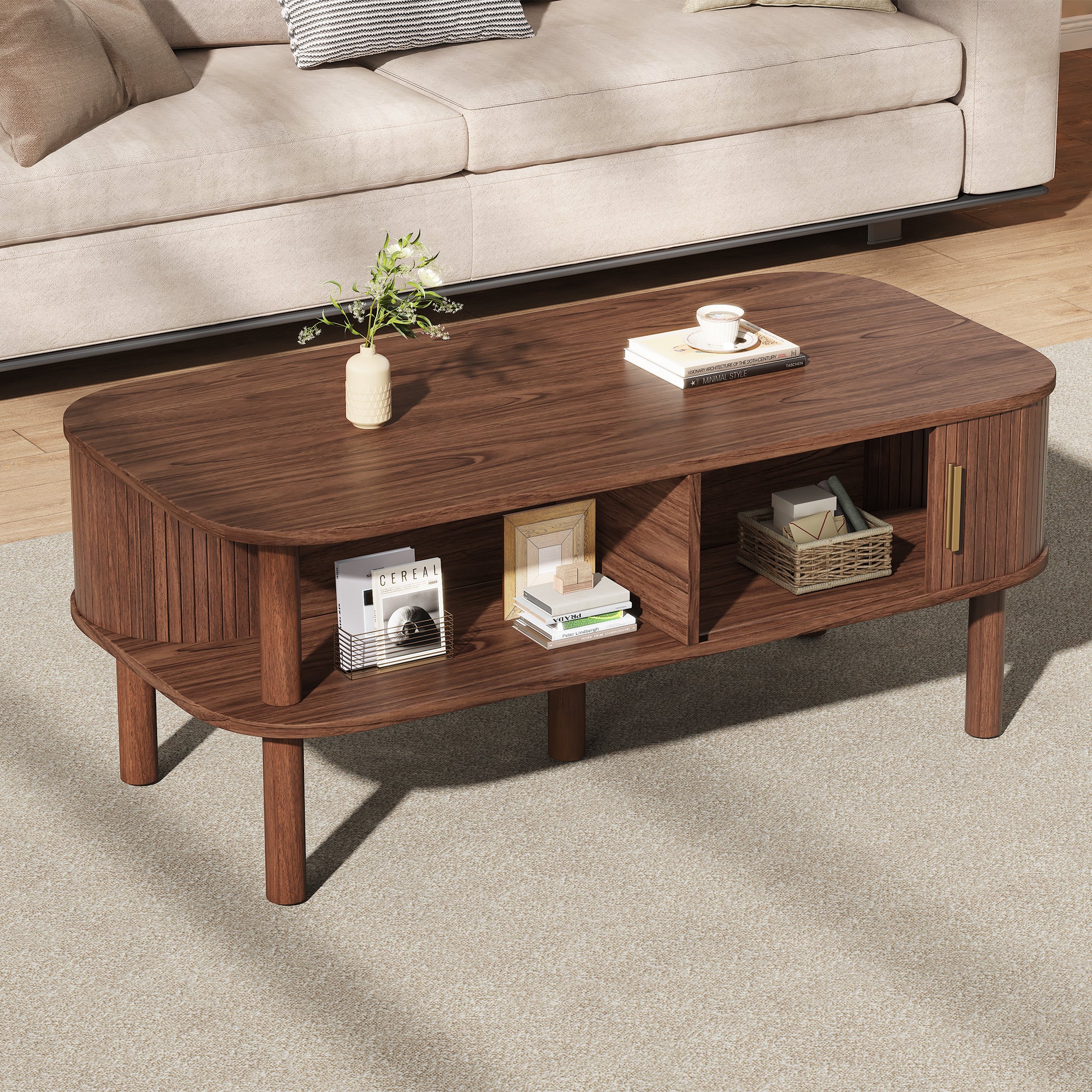 Table basse avec 2 portes enroulables, rangement double niveau et bords arrondis - MDF/bois - 110 x 55 x 45 cm - Noyer - 2
