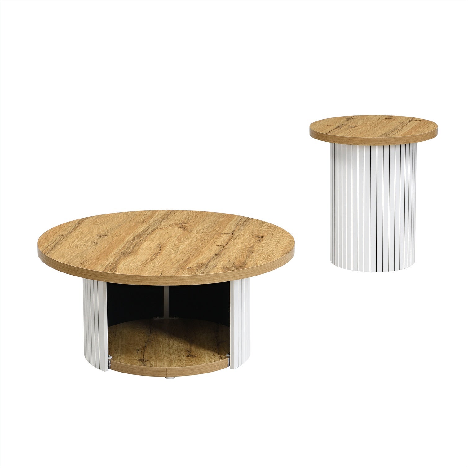 Set de deux tables basses rondes en bois naturel, style scandinave avec ...