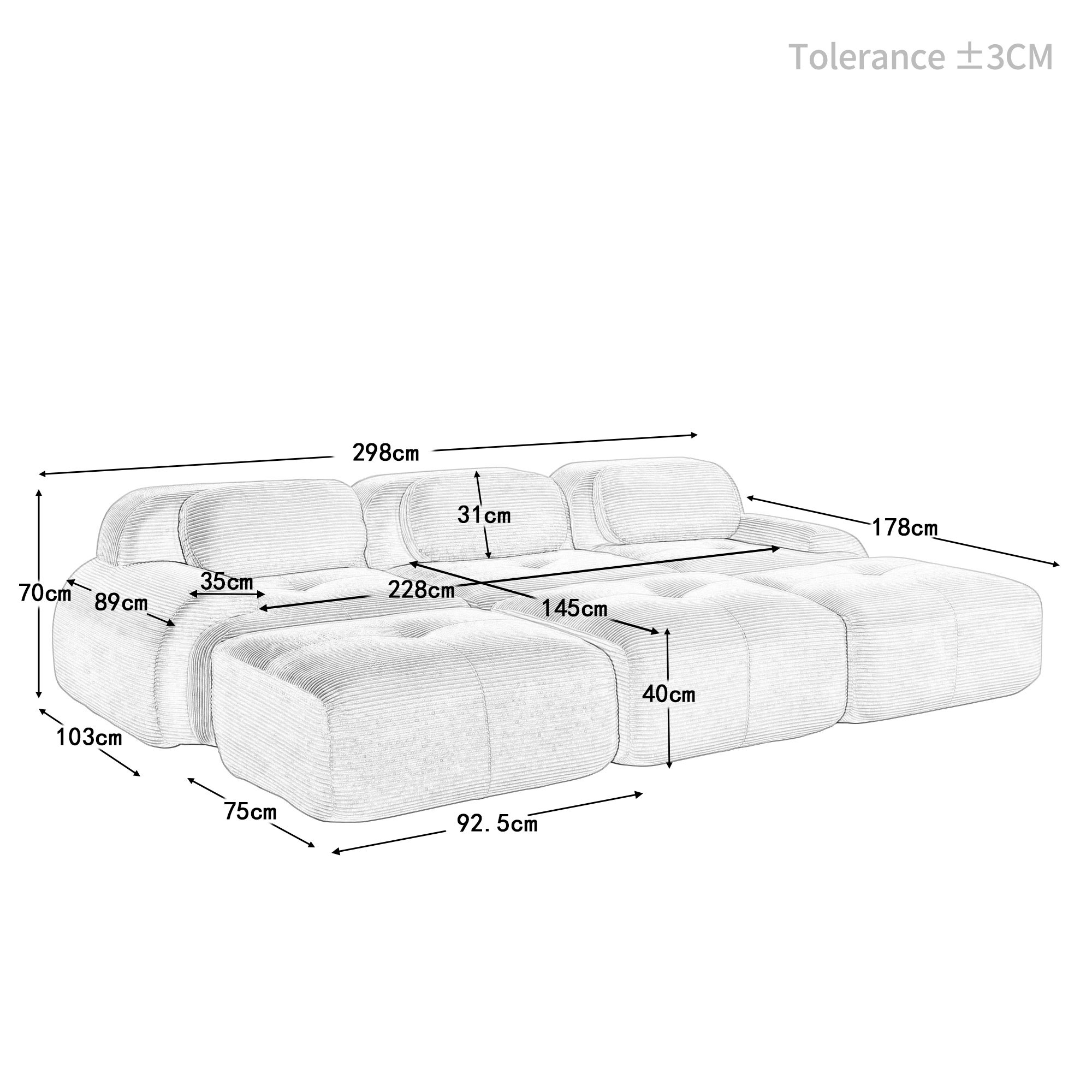 Canapé modulable avec 3 tabourets,&nbsp;Canapé 3 places en velours côtelé, accoudoirs ultra larges, Canapé d'Angle rembourrage 32D, Canapé compact beige - 9