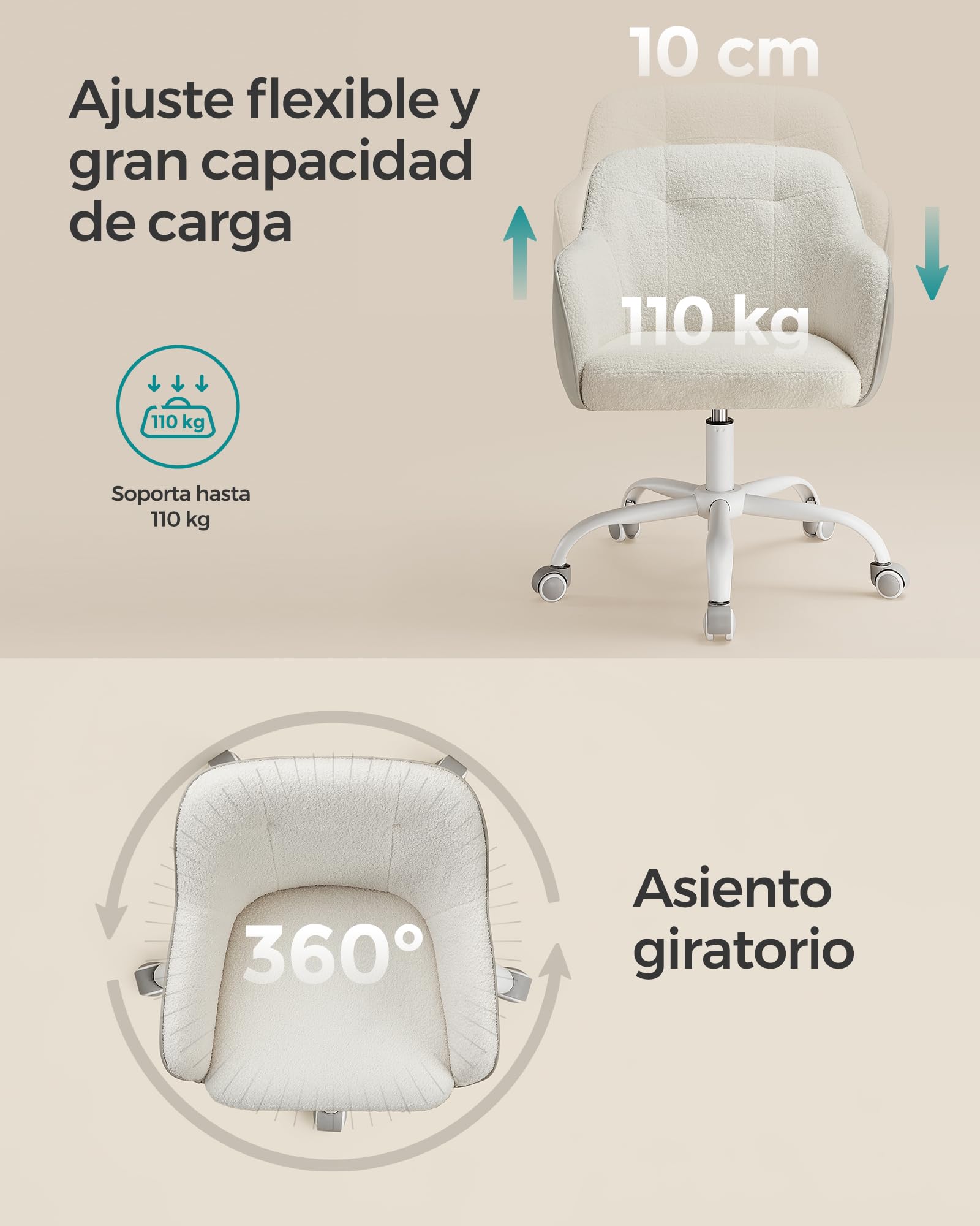 Silla de oficina giratoria y cómoda, altura ajustable, capacidad de carga 120 kg, estructura de acero, terciopelo, beige - 8