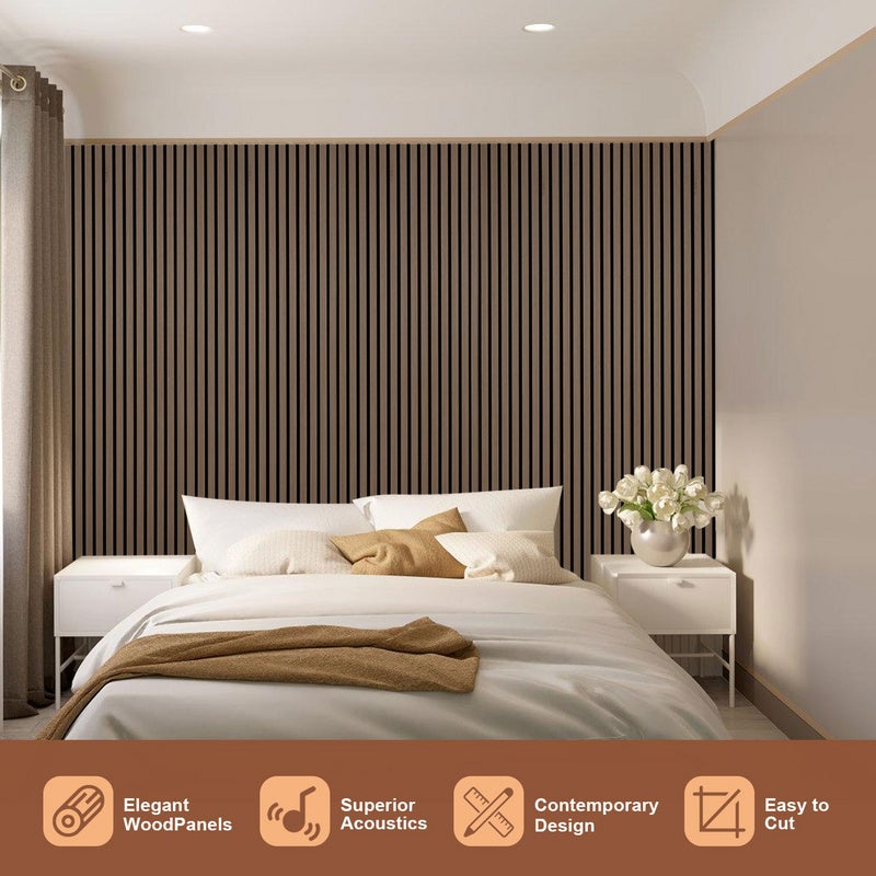 Panel de listones de MDF Revestimiento mural natural Moderno panel mural acústico de chapa de madera y fieltro 2x 120x60x2,1cm nogal - 5