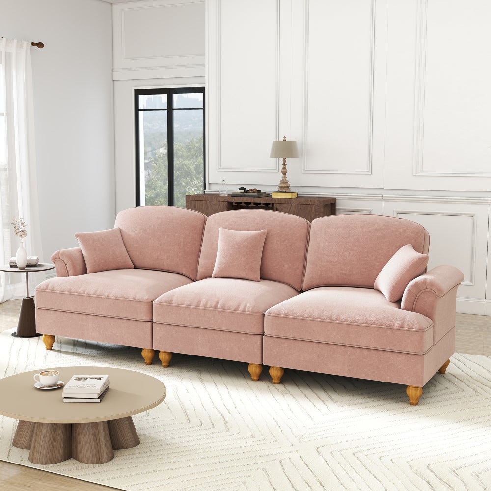 Sofa z połowy XX wieku, 3-osobowa, z szenili, z podłokietnikami w kształcie lejka, różowa