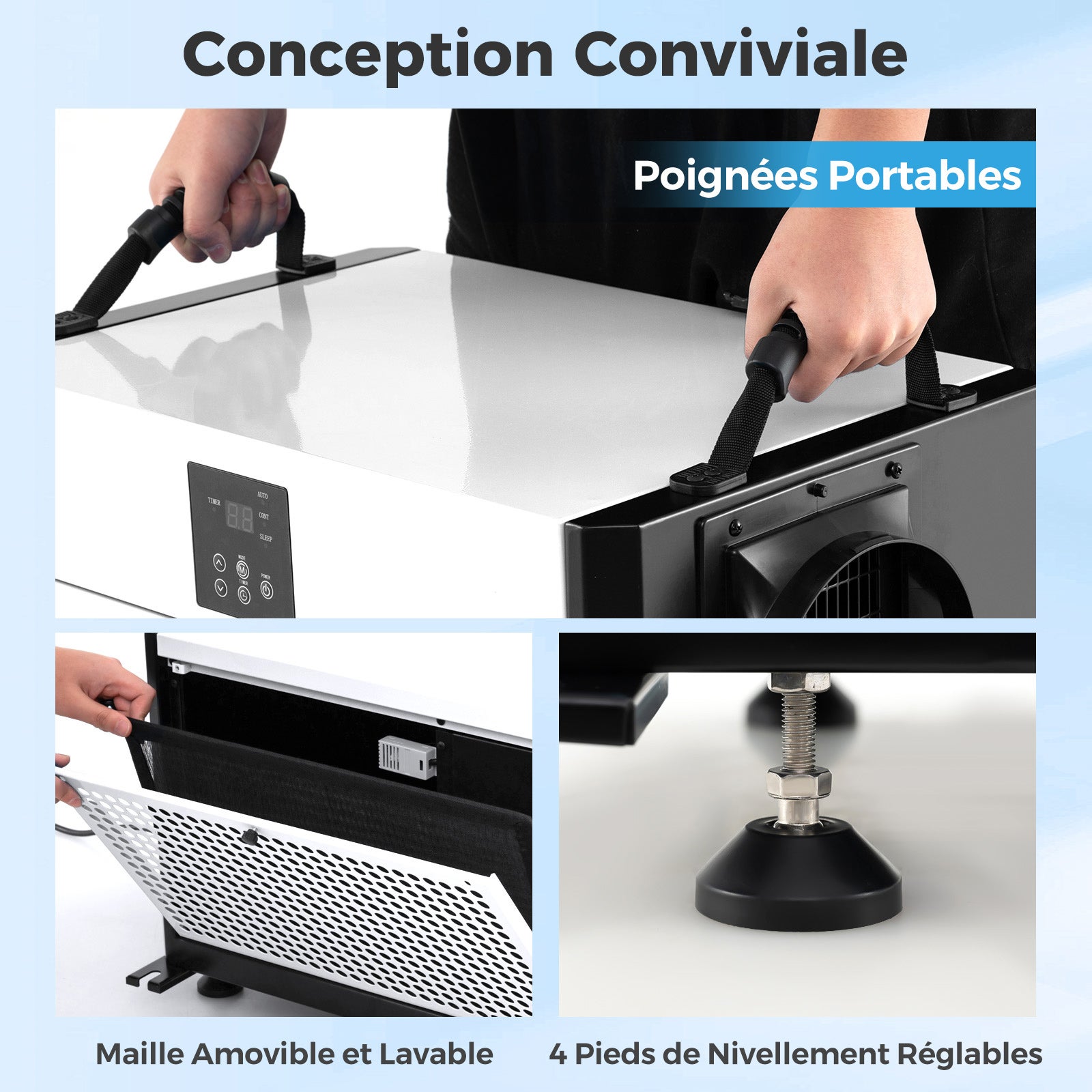 Déshumidificateur d'Air 73,5L/Jour Jusqu'à 100m² avec 3 Modes, Minuterie de 24&nbsp;H, Tuyau de Vidange, Dégivrage Automatique, pour Sous-Sol, Blanc - 4