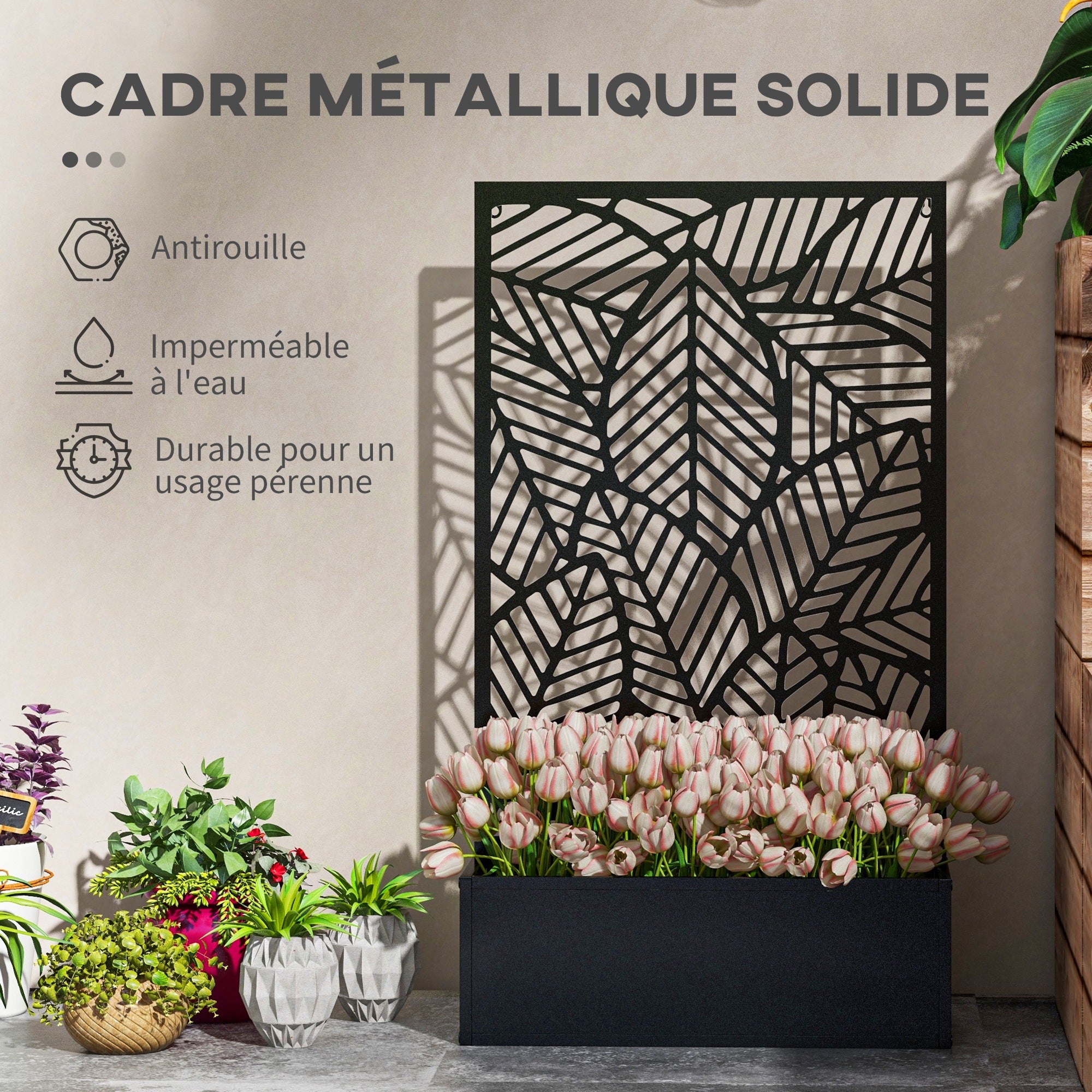 Jardinière avec brise-vue paravent treillis pour Plante Grimpante, bac à Fleurs - dim. 61L x 23l x 113H cm - 7