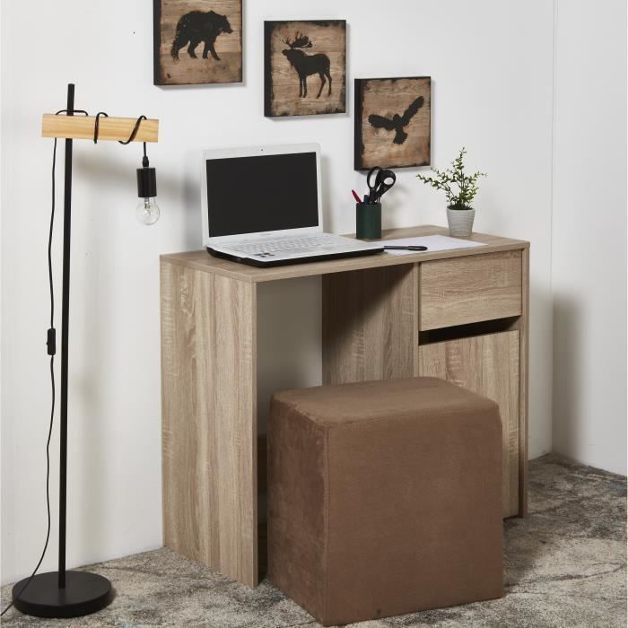 Bureau bois MDF 1 tiroir 1 porte + 1 pouf tissu Taupe - L 90 x P 40 x H 75 cm - ALICE - 3