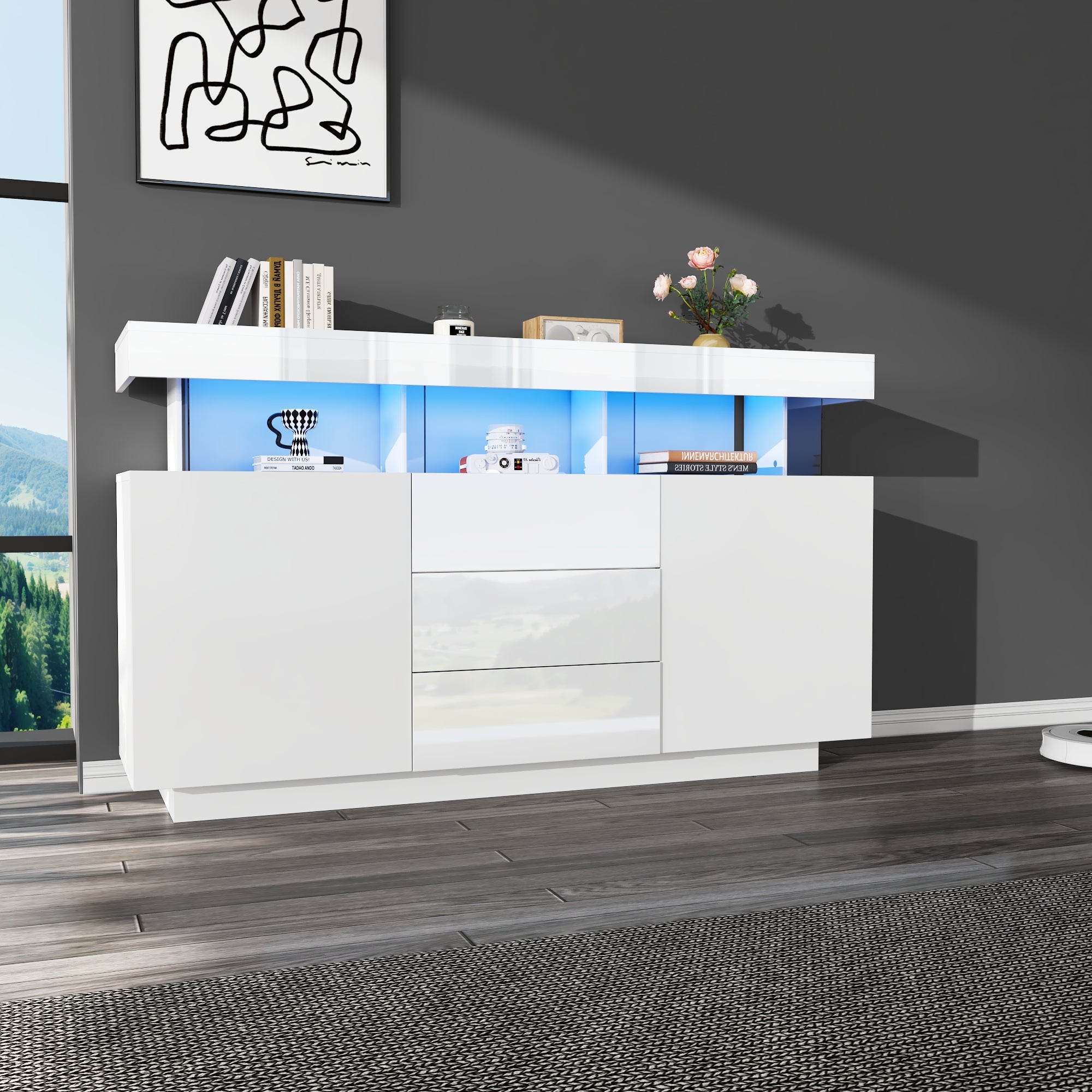 Credenza bassa moderna con 2 ante e 3 cassetti - 140 x 35 x 80 cm - LED - Pannello truciolare e acrilico - Bianco lucido - 5