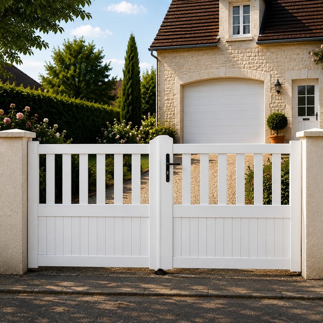 Portail battant manuel PVC blanc structure renforcée H 125 x L 350 cm semi-ajouré ETRETAT