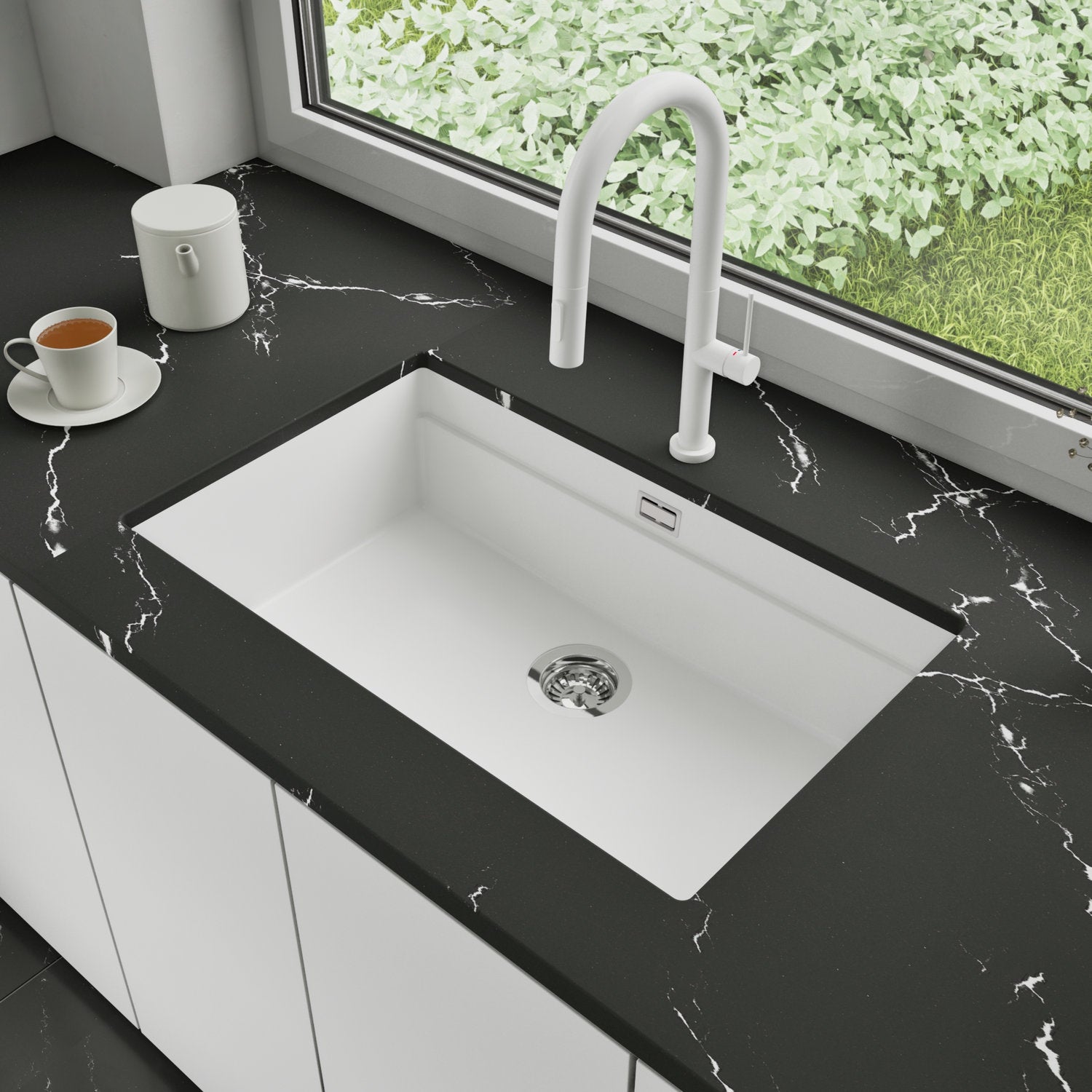 Zlewozmywak podblatowy 76x47cm, do szafki od 80cm + Bateria + Syfon - Coral Biały STONESTYLE