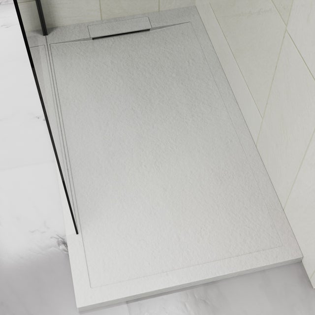Plato de Ducha Blanco Enmarcado 80 x 120 cm de Resina Acabado Piedra Natural Antideslizante C3 Junto con Valvula