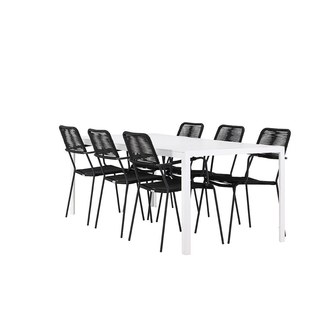 Break zestaw ogrodowy stół 90x205cm biały, 6 krzeseł czarnych.