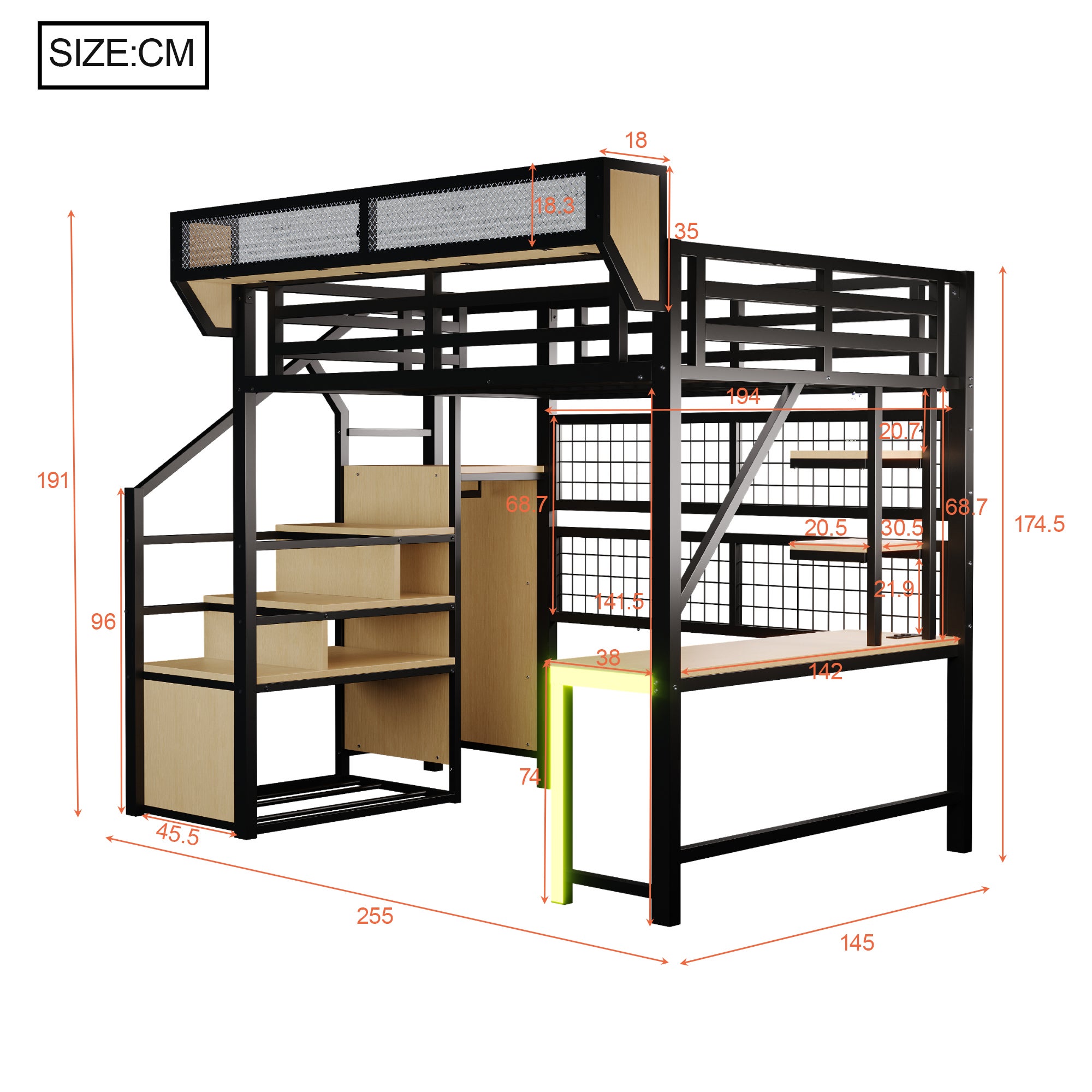 Lit Mezzanine en Métal 140x200 cm avec Bureau, Armoire et Échelle de Rangement, Lit superposé avec LED et Prises, Lit enfant Noir, Sans matelas - 9