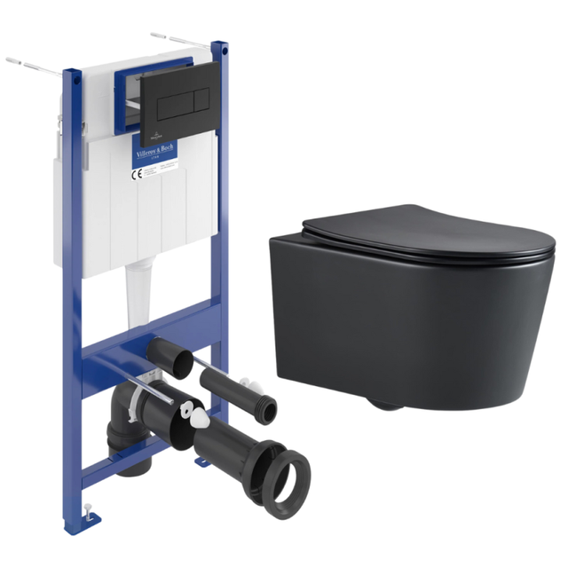 Pack WC Bâti-support sol mur Villeroy & Boch + WC SAT sans bride + Abattant SoftClose + Plaque noire (VCNBLSAT4)