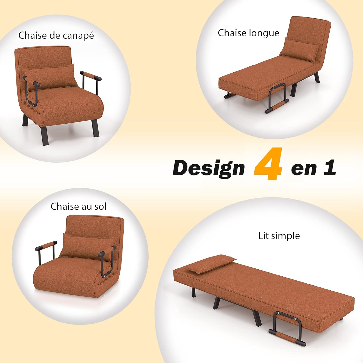 Canapé-lit Convertible, Fauteuil Convertible Lit 1 Place, avec Dossier Réglable en 6 Positions, Oreiller Amovible, Marron - 4