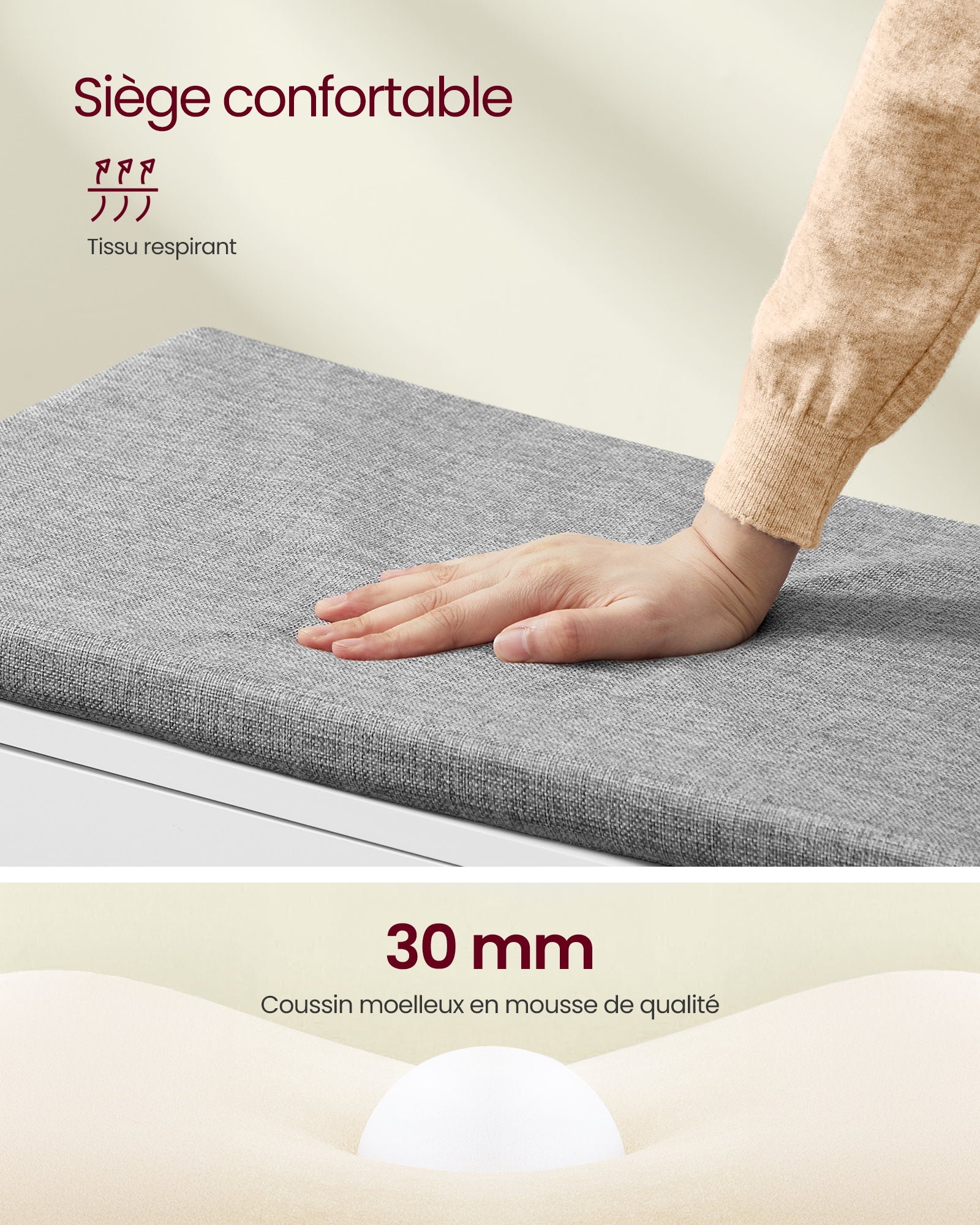 Banc à Chaussures sur 3 Niveaux, Banc de Rangement, avec Coussin, Étagères Réglables, 35,5 x 81 x 52,5cm, pour Entrée, Blanc Nuage et Gris Tourterelle - 4