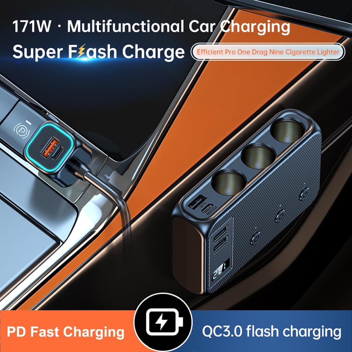 Caricabatteria da auto a 4 porte con voltmetro LED PD tipo C