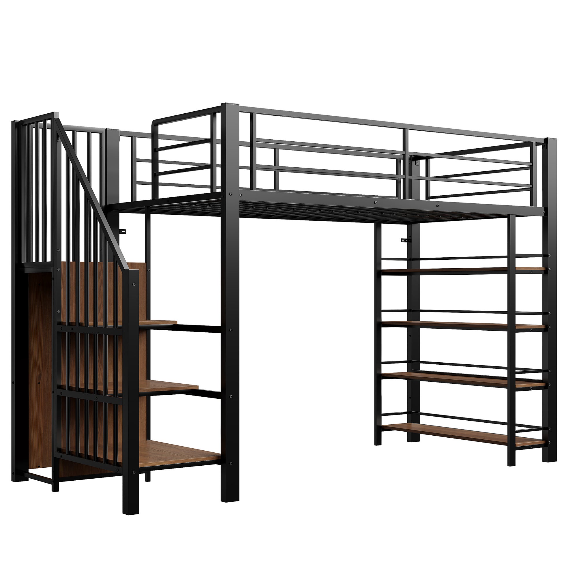 Lit mezzanine 90x200, avec escalier de sécurité, rangements, petite penderie et étagères, design haute clôture, lit adolescent, noir - 7