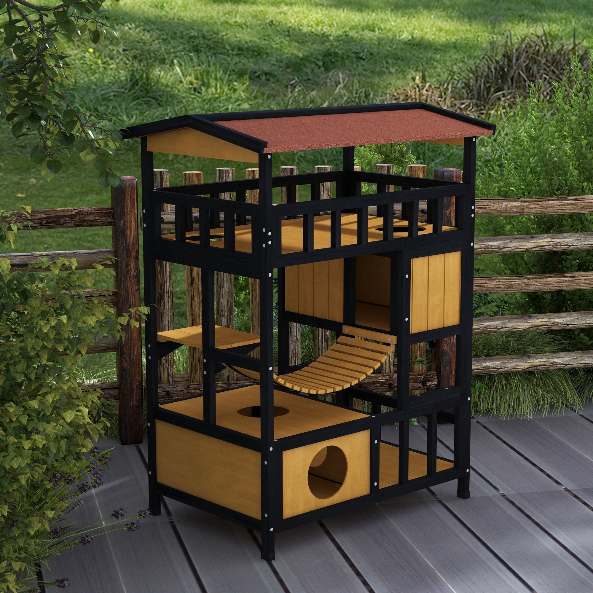 Casa para Gatos PawHut madeira de pinho Natural e Preto 84x60x116 cm - 5
