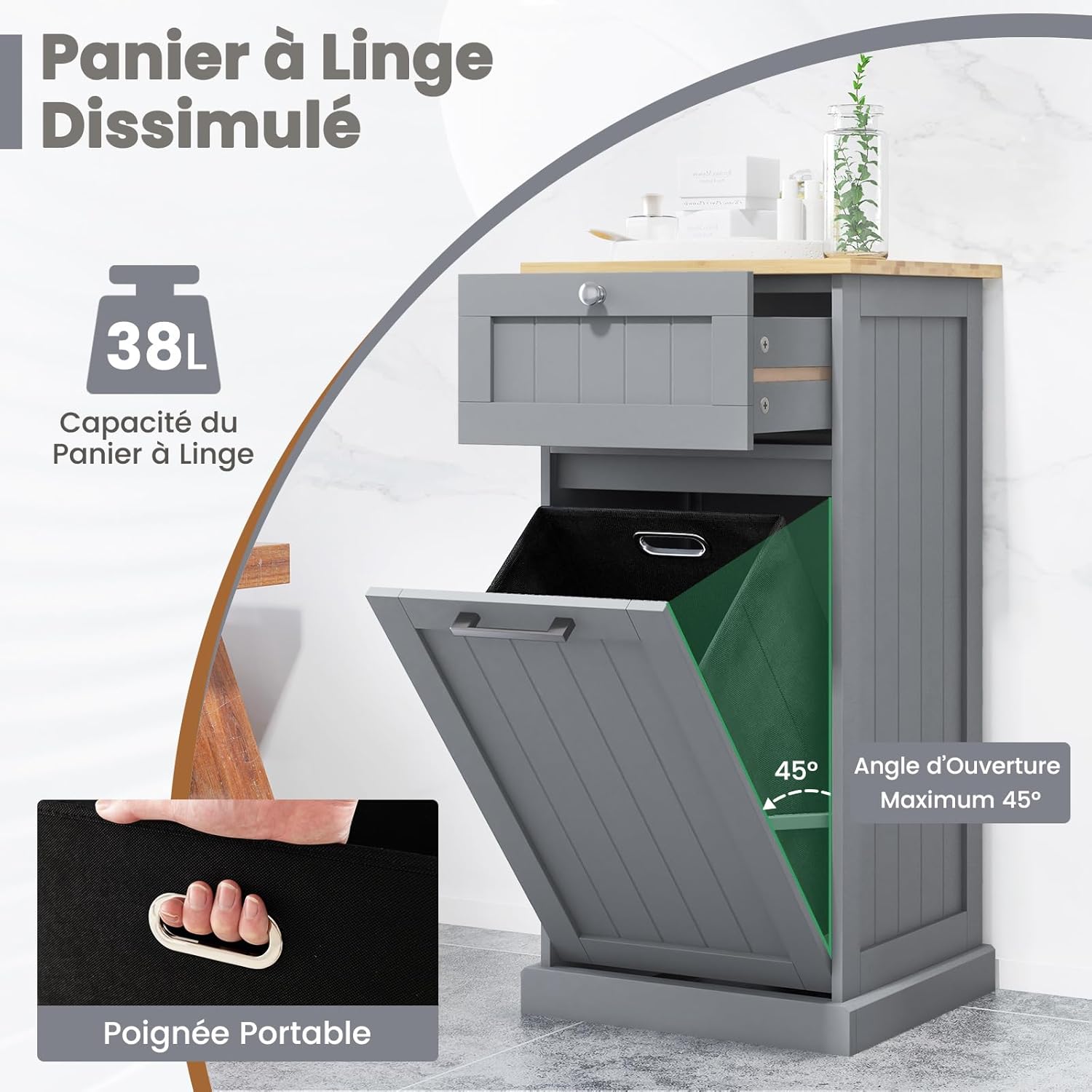 Meuble Salle de Bain avec Panier à Linge, avec Tiroir, Armoire Inclinable & Panier à Linge 38L avec Poignée Portable, 40x37x82 cm (Gris) - 4