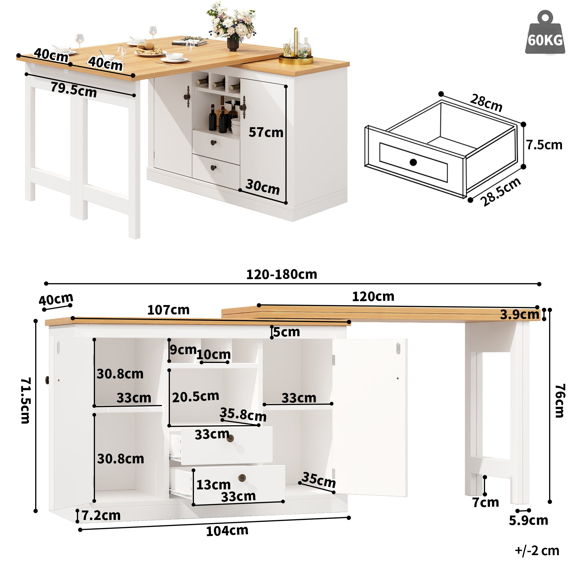 Rozkładany obrotowy stół jadalny z 2 drzwiami i 2 szufladami, wyspa kuchenna - 120-180 x 40 x 71,5 cm - MDF - Biały + naturalny - 8