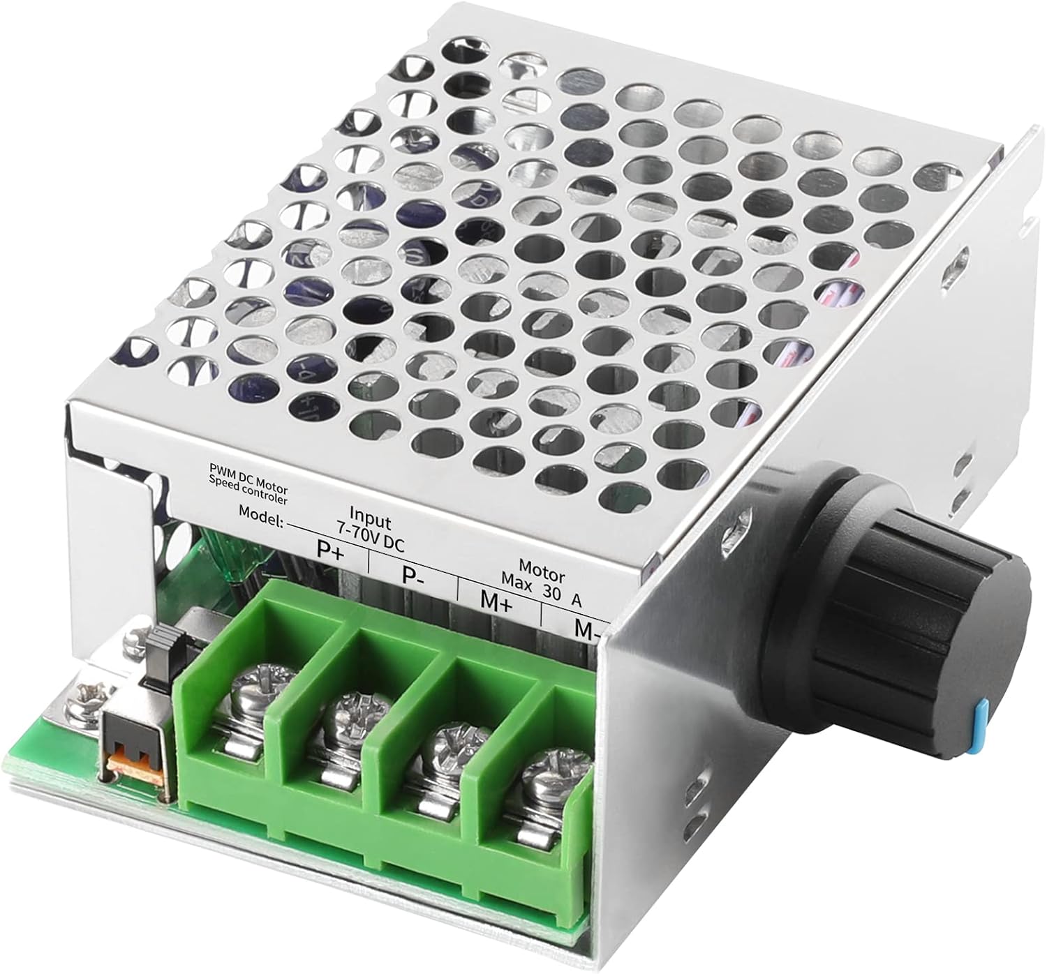 Regulator prędkości silnika prądu stałego, zakres napięcia 7-70V, wyposażony w bezpiecznik 30A, zasilanie sterujące 12V 24V 36V 48V.
