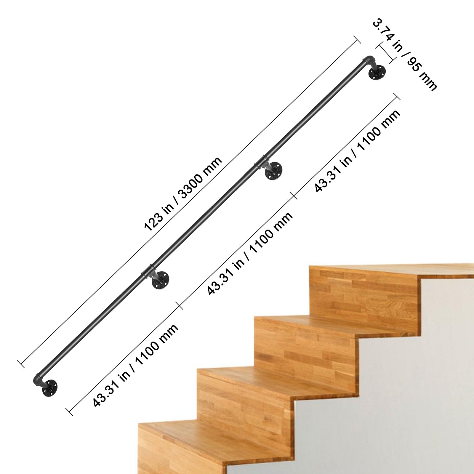 Main Courante Murale 3,3 m SucceBuy, Rampe d'Escalier en Acier Carbone Style Industriel, Robuste et Facile à Installer, Sécurité Intérieur & Extérieur - 9