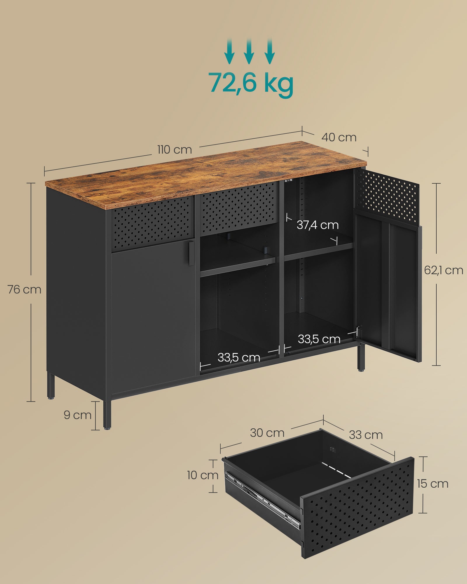 Armoire de Rangement, Étagères Réglables, Marron Rustique et Noir Mat - 5