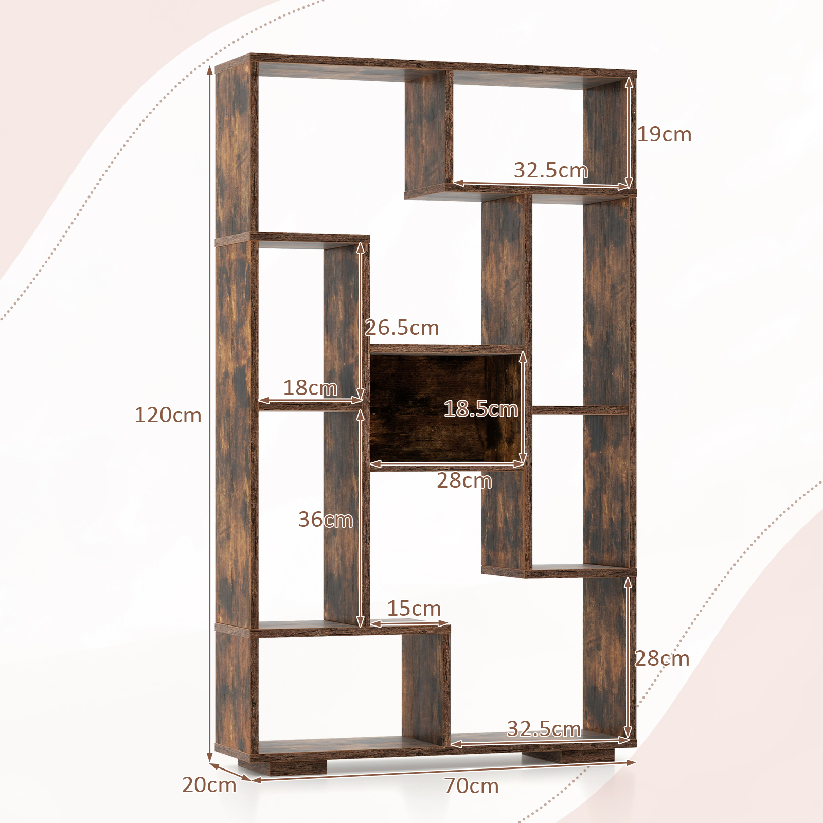 Bibliothèque Géométrique de 120 cm, Etagères Ouvertes, Etagère de Rangement Autoportante avec Kits anti-basculement, pour Bureau, Salon, Marron - 5