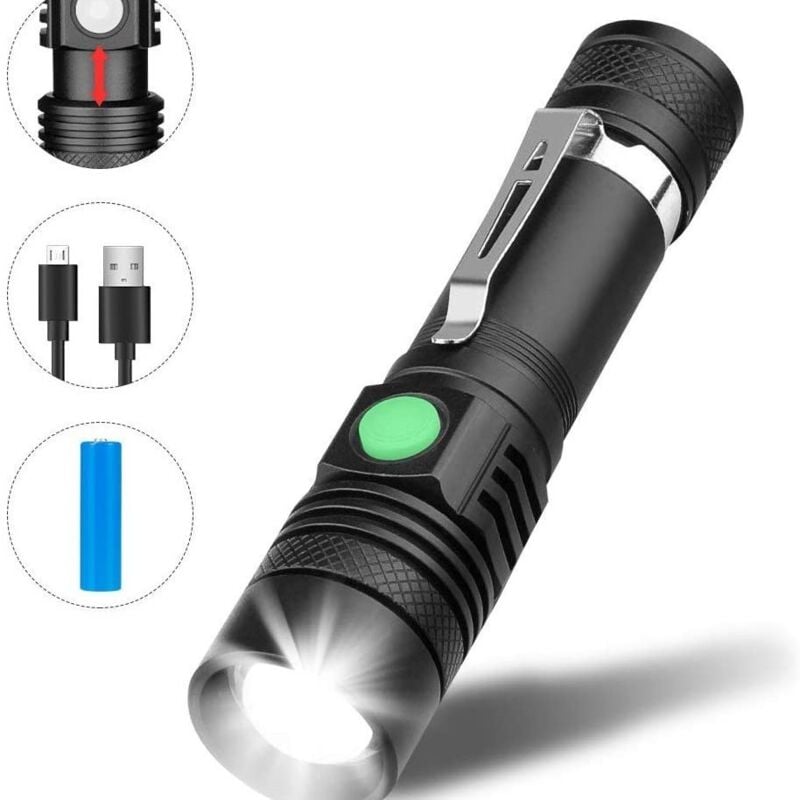 3-trybowa latarka ładowana przez USB, latarka LED, wstrząsoodporna, wodoodporna, z funkcją zoomu, wyposażona w jeden akumulator 18650 i ładowarkę USB.