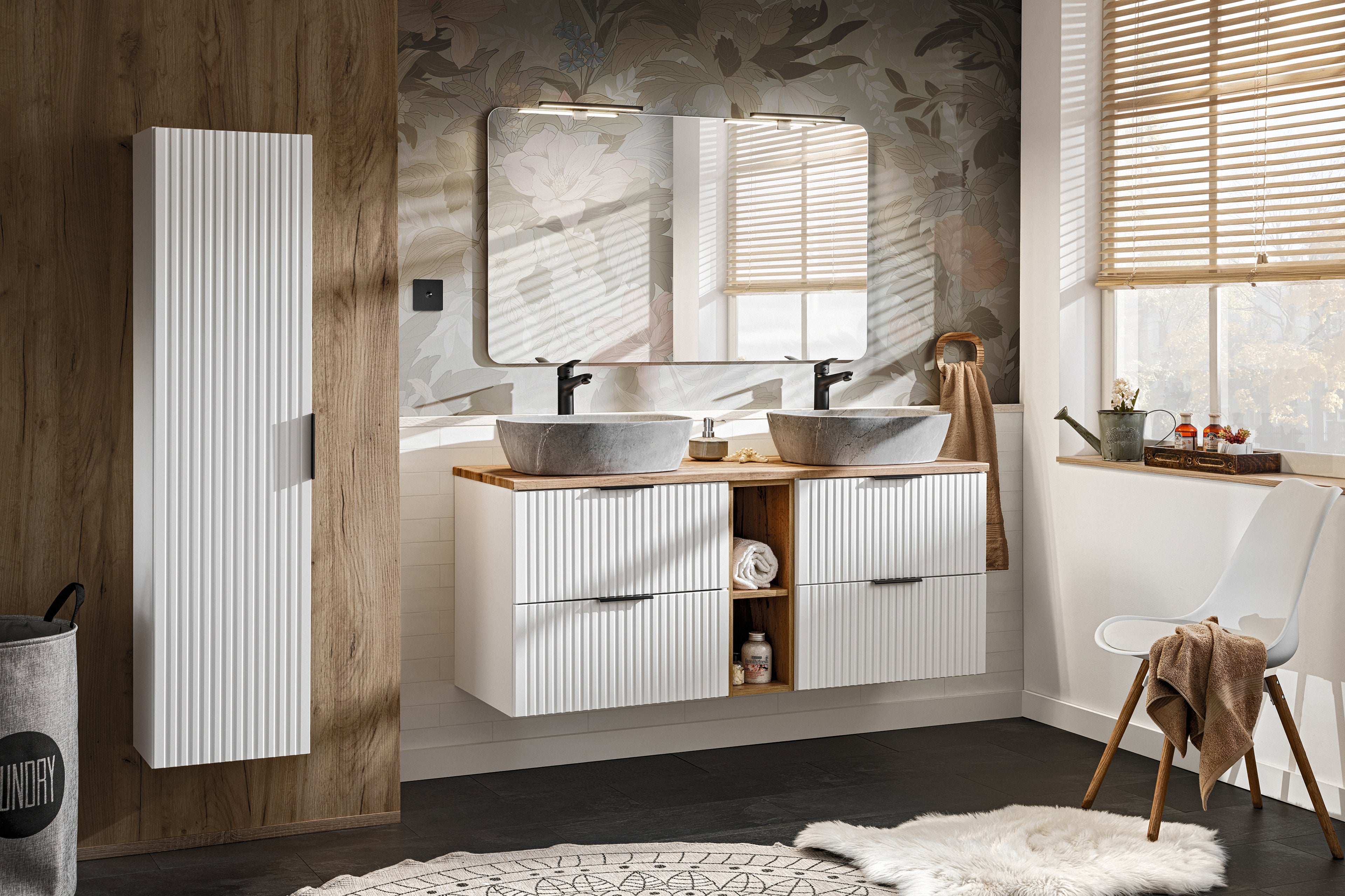 Meuble sous double vasque ADEL BLANC avec l'étagère - extension et plan CHÊNE 140 cm - 2
