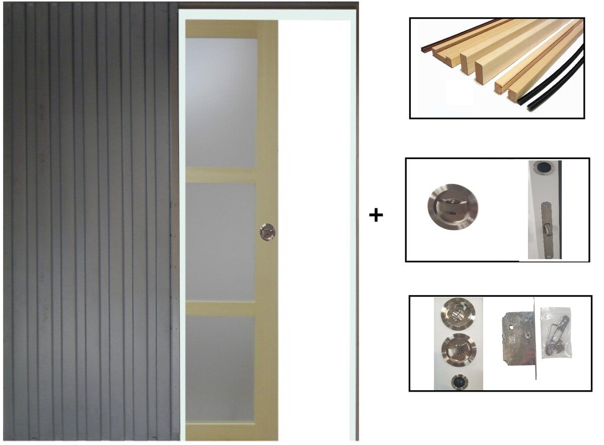 Puerta corredera de madera ayous con cristal h204 x l93 cm, empotrada, kit de acabado gd menuiseries sin manilla