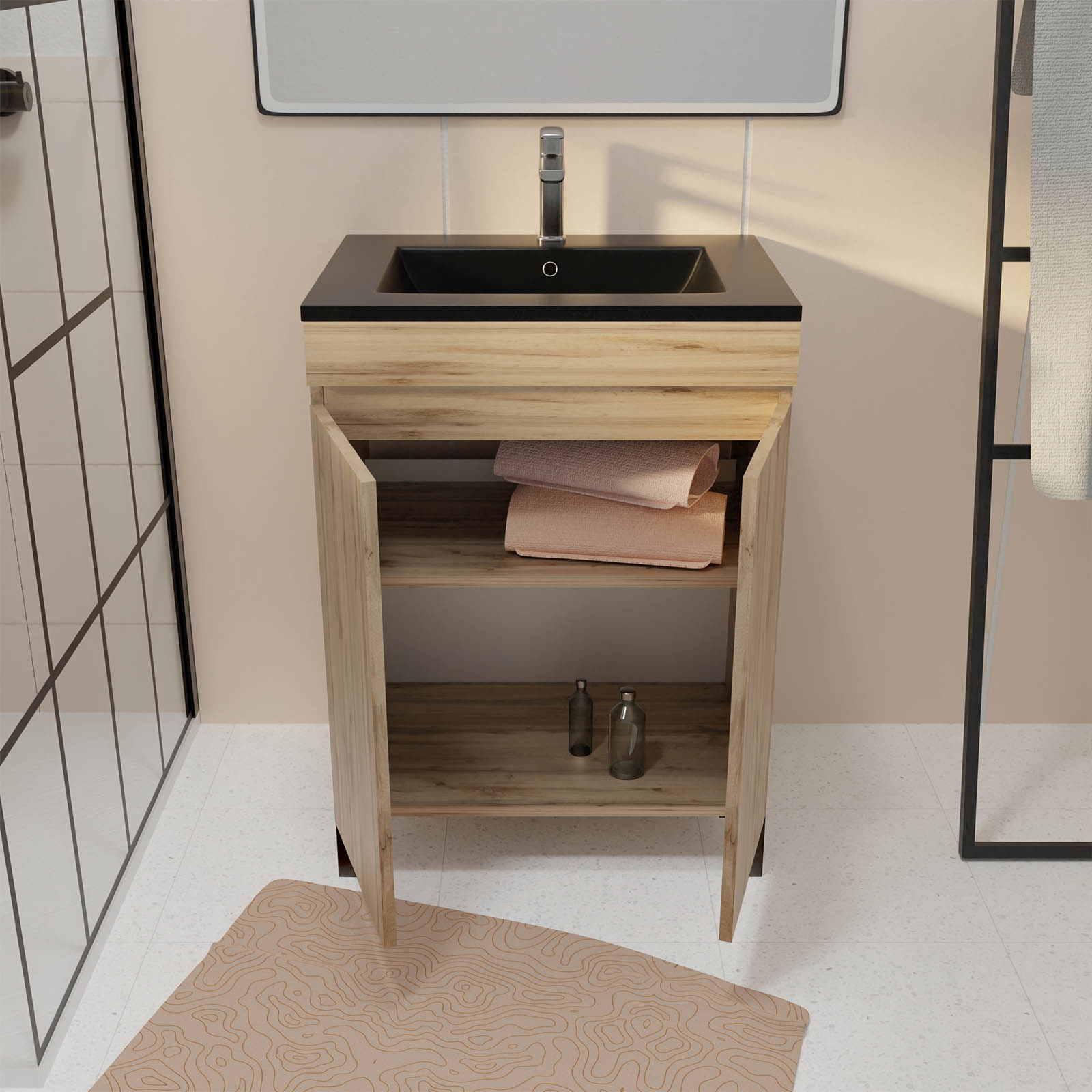 Meuble de salle de bains 60 cm 2 Portes Chêne Naturel + Vasque Céramique Noire - TIMBER - 2
