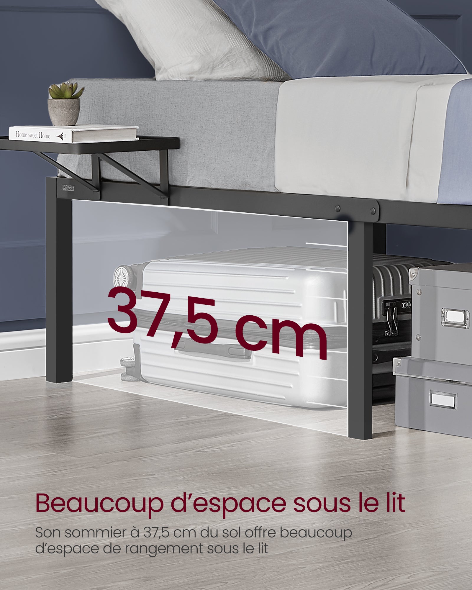 Lit 90 x 190 cm, Cadre de Lit en Métal avec Étagères de Rangement, Noir Classique - 7