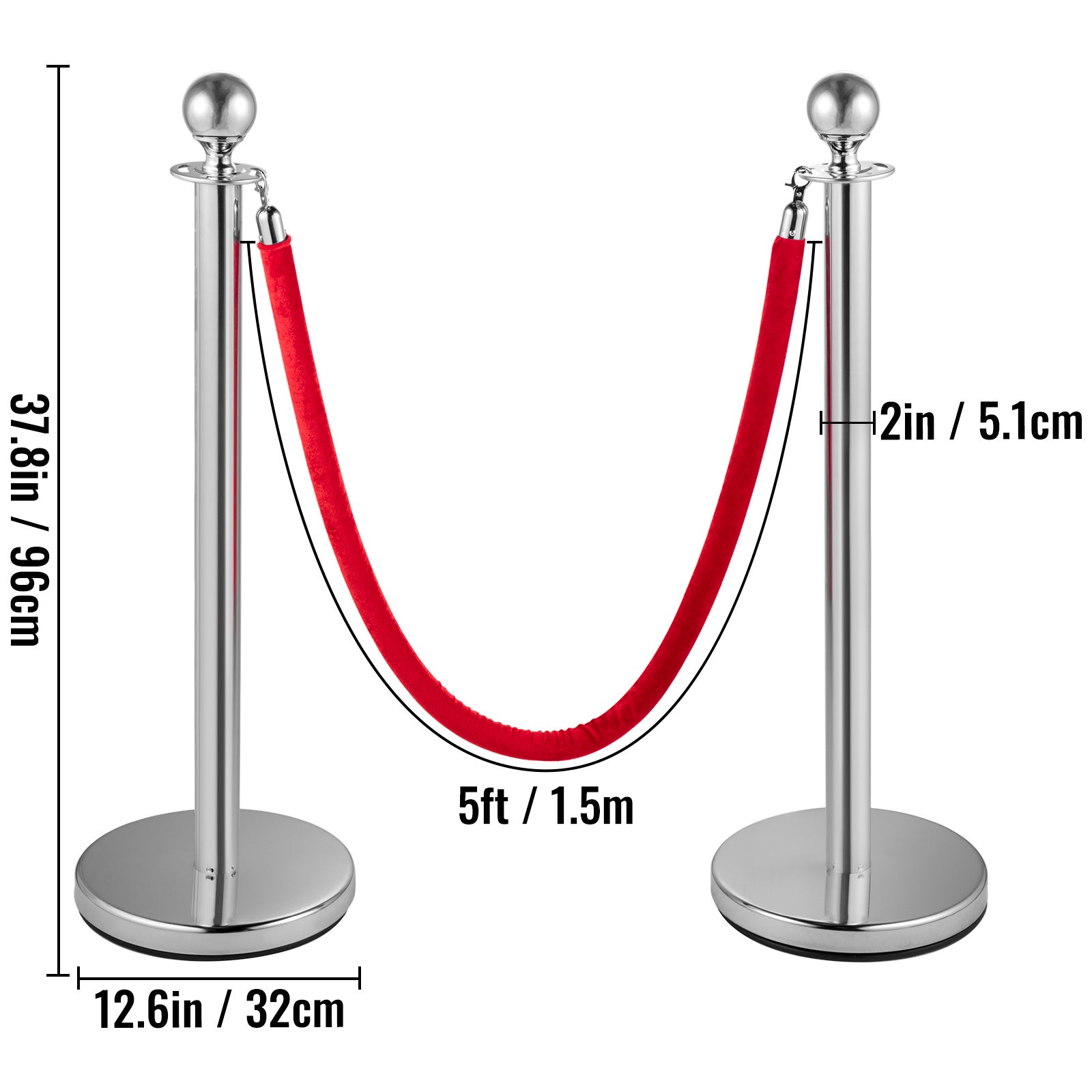 Lot de SucceBuy 4 poteaux rétractables ronds argentés avec corde en velours rouge de 1,5 m,contrôle des foules,métal. - 2