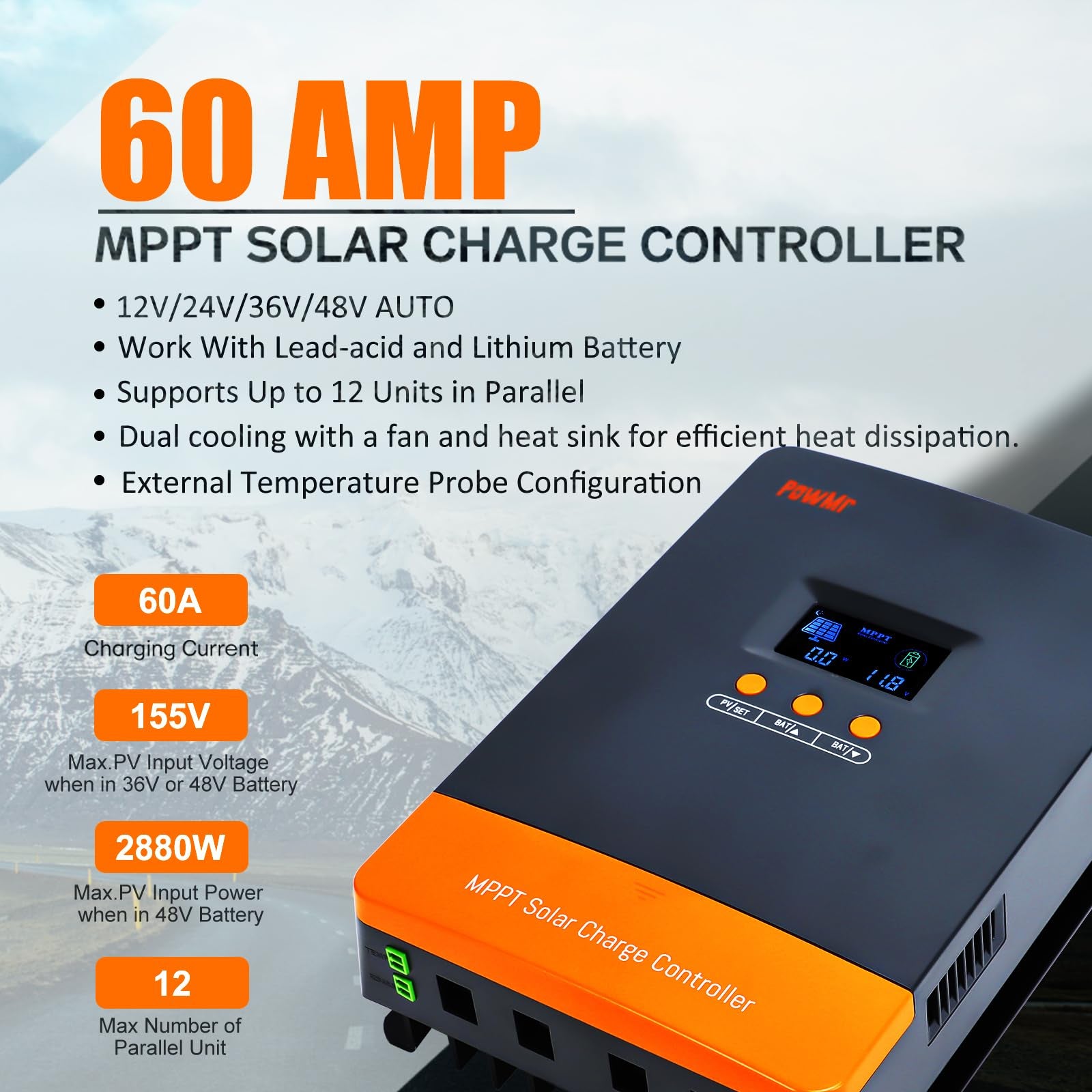 Controlador solar MPPT de 60A, regulador solar paralelo, adequado para baterias de chumbo-ácido e fosfato de ferro-lítio de 12V/24V/36V/48V. - 3