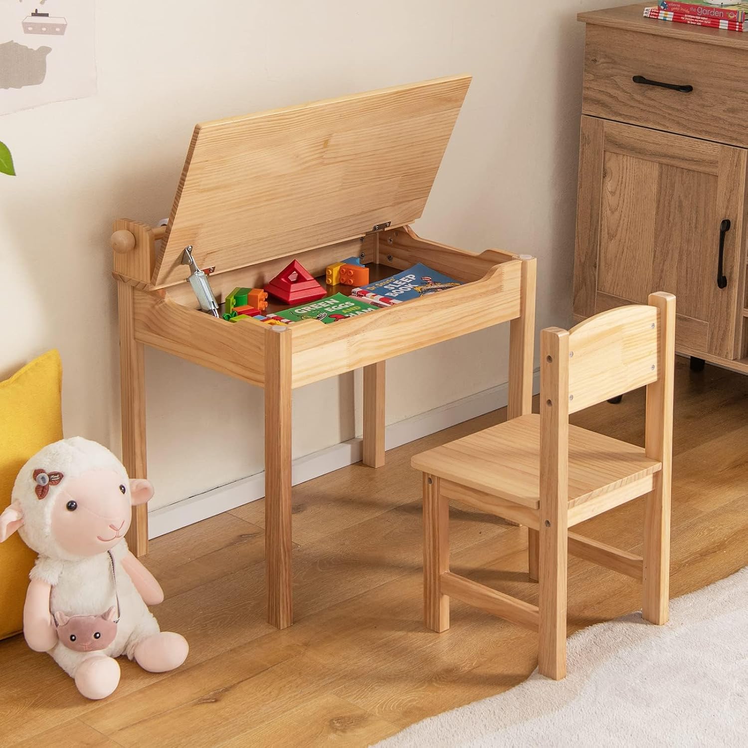 Table Enfant avec Chaise, Table a Dessin Enfant avec Rouleau du Papier, Bureau d’Écriture en Bois, Table Polyvalente pour Enfant 3+ Ans, (Naturel) - 3