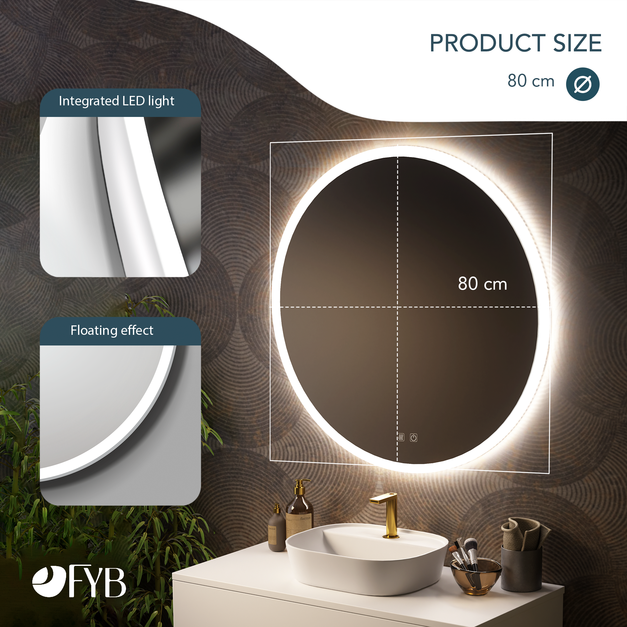 Feel Your Bath Miroir Rond LED 80 cm avec Bluetooth, Lumière Tricolore, Antibuée, Interrupteur Tactile, Arrêt Automatique et Installation Facile - 5