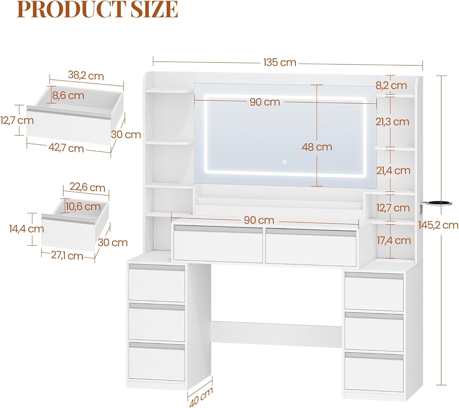 135cm Coiffeuse avec Miroir, 3 Lumières LED à Luminosité Réglable, Prises de Courant, Support pour Sèche-Cheveux, 8 Tiroirs et Étagères, Blanc-Argent - 6