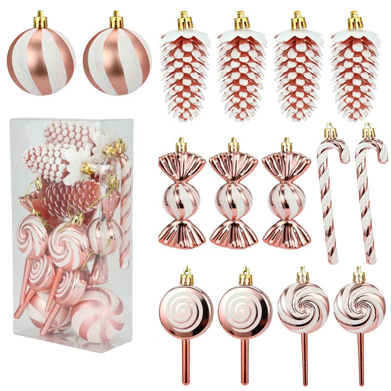 60 Pezzi Palle per Albero di Natale. Decorazione Glitter in Color Rosa e Argento in Plastica, con Stella, Catena, Scatola, Addobbi Appesi