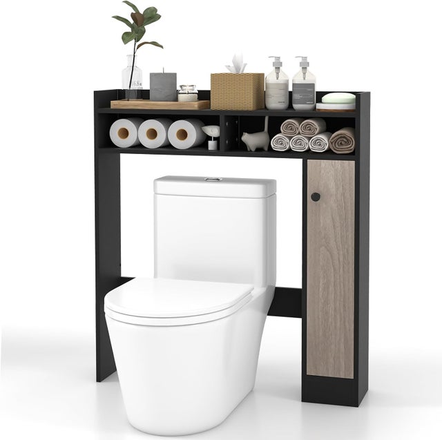 Meuble WC au-Dessus de Toilettes, Meuble de Salle de Bain avec 2 Compartiments et 1 Placard, Étagères Réglables, 18 x 88 x 100 cm, Noir