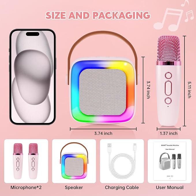 Mini Máquina De Karaoke Para Niños, Altavoz Bluetooth Con dos Micrófonos Inalámbrico Regalos De Navidad, cumpleaños (rosa) - 5