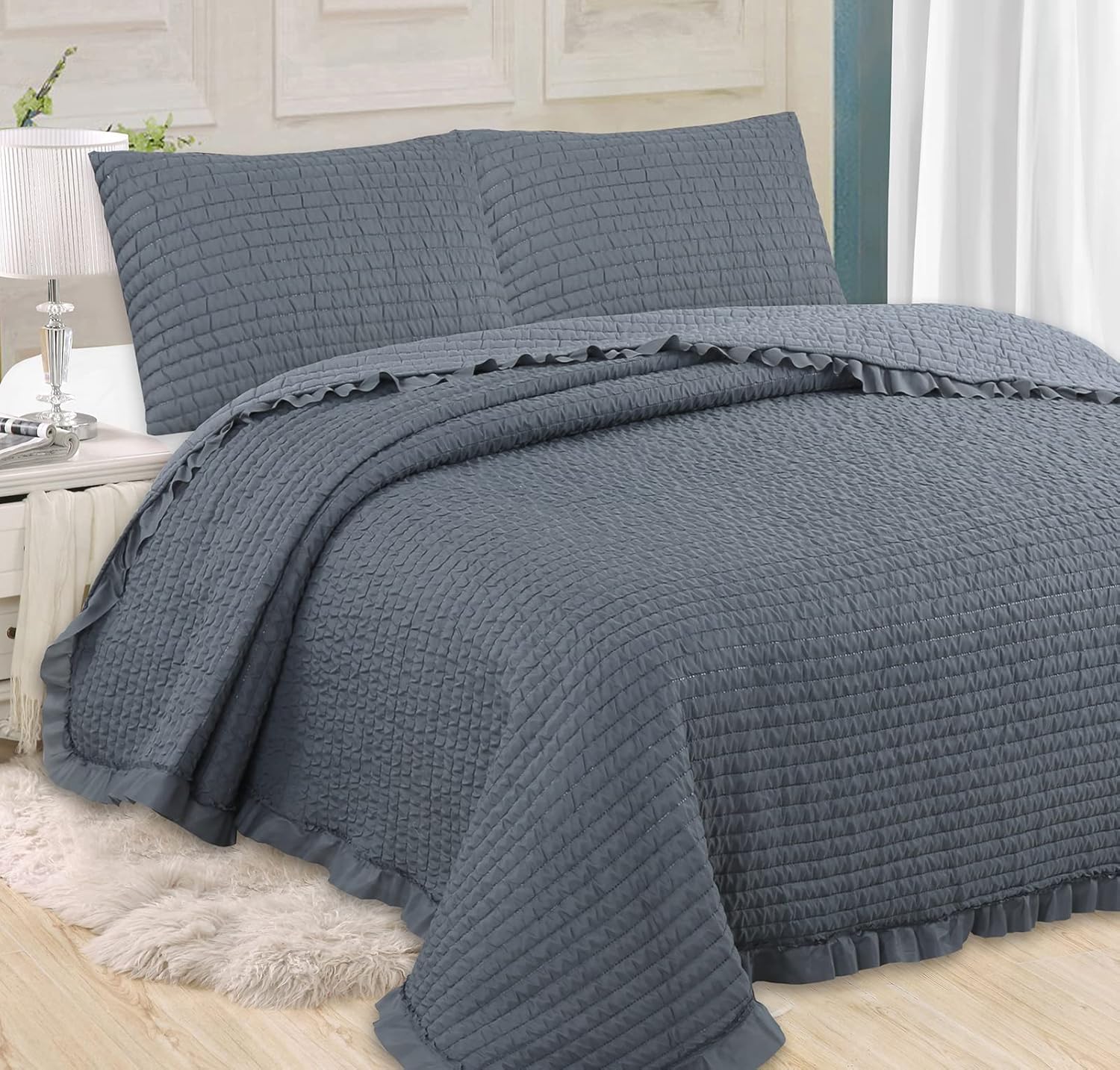 Haradeco colcha volantes gris cama 90/105, colcha de verano ligera, cubrecama lisa+ 1 funda almohada para todas las estaciones(180x260cm)