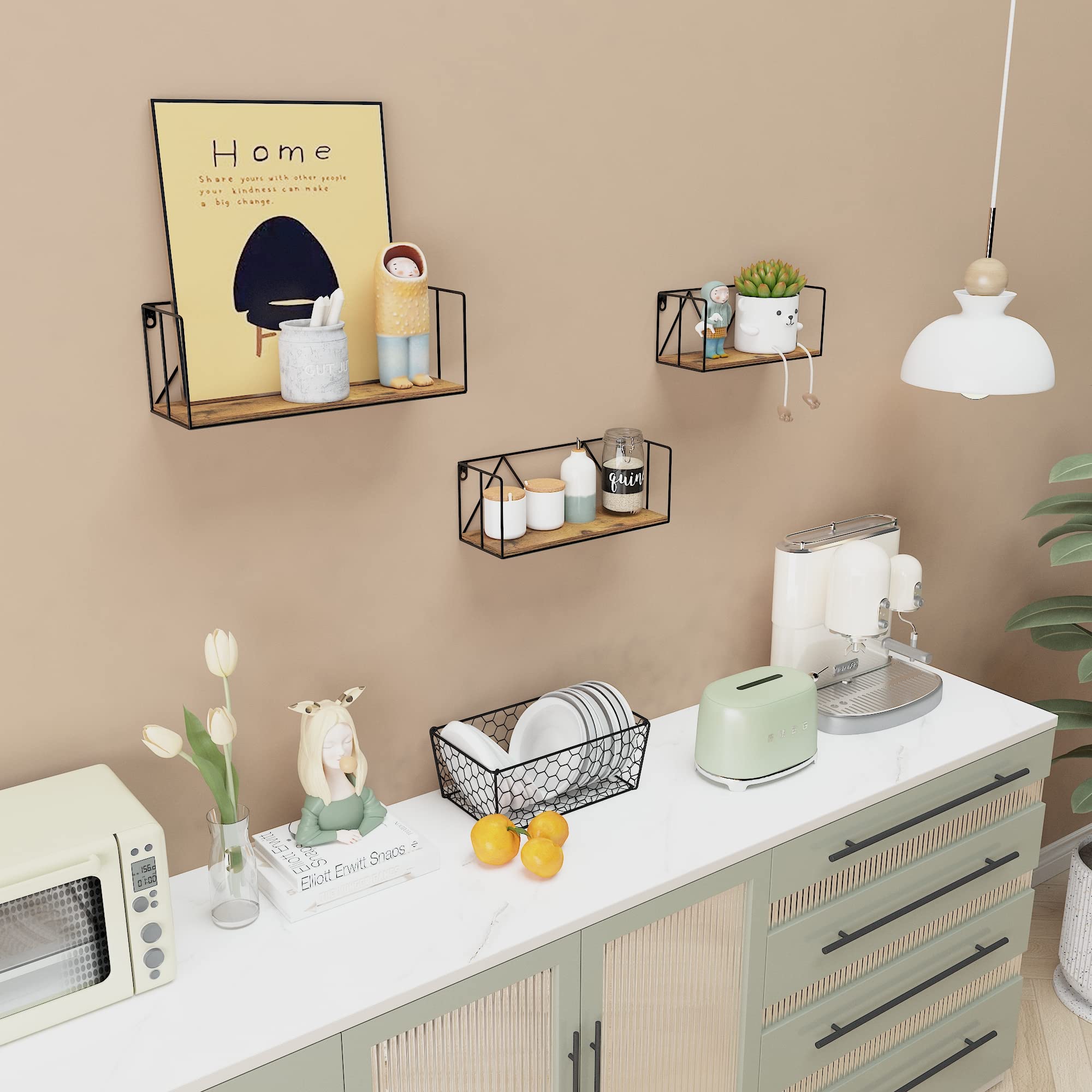 EYMPEU Mensola da Muro in Legno Rustico per Bagno, Camera da Letto, Cucina, Ufficio, 40.7 x 13.4 x 14.1 cm, Set da 3 con Misure Diverse - 4