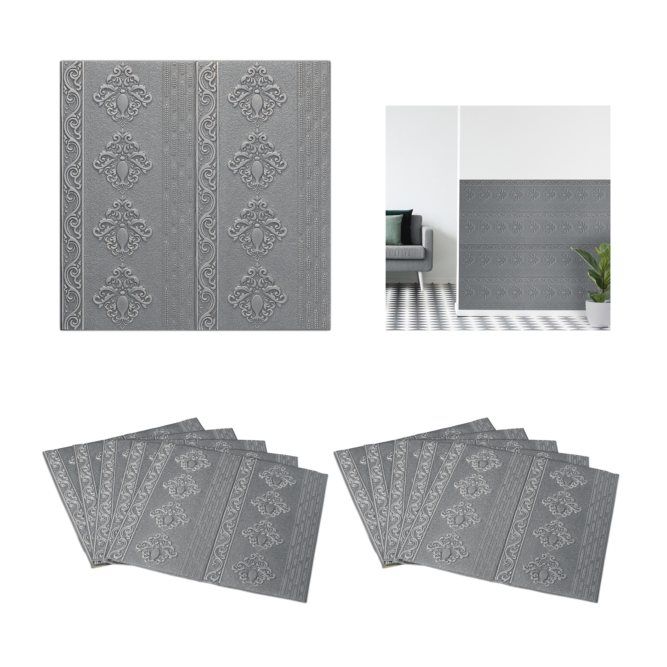 Relaxdays paneles pared set 10, autoadhesivos, cortar a medida, relieve, revestimiento barroco, 70x70 cm, color gris