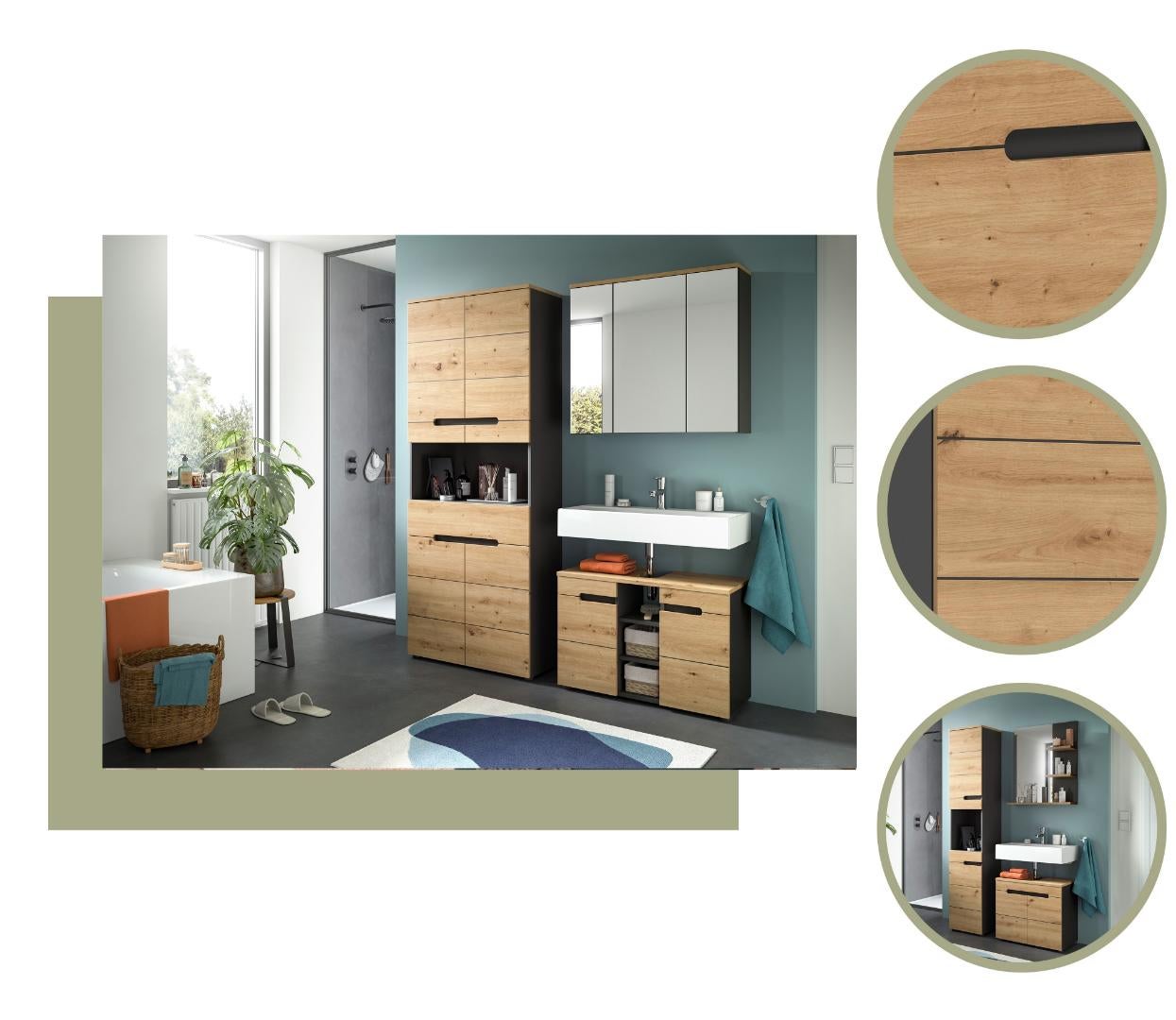 Canu armoire haute pour salle de bain 4 portes, 1 tiroir, 1 étagère chêne décor, gris. - 8
