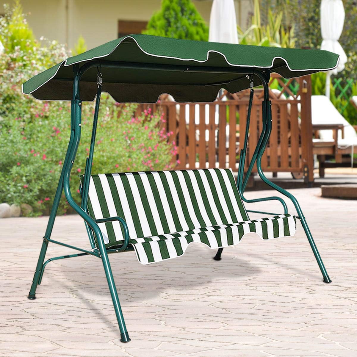 Balancelle de Jardin 3 Places 170x110x153CM-avec Auvent Réglable-Swing de Jardin Tissu en Polyester-Cadre en Acier-Vert - 7