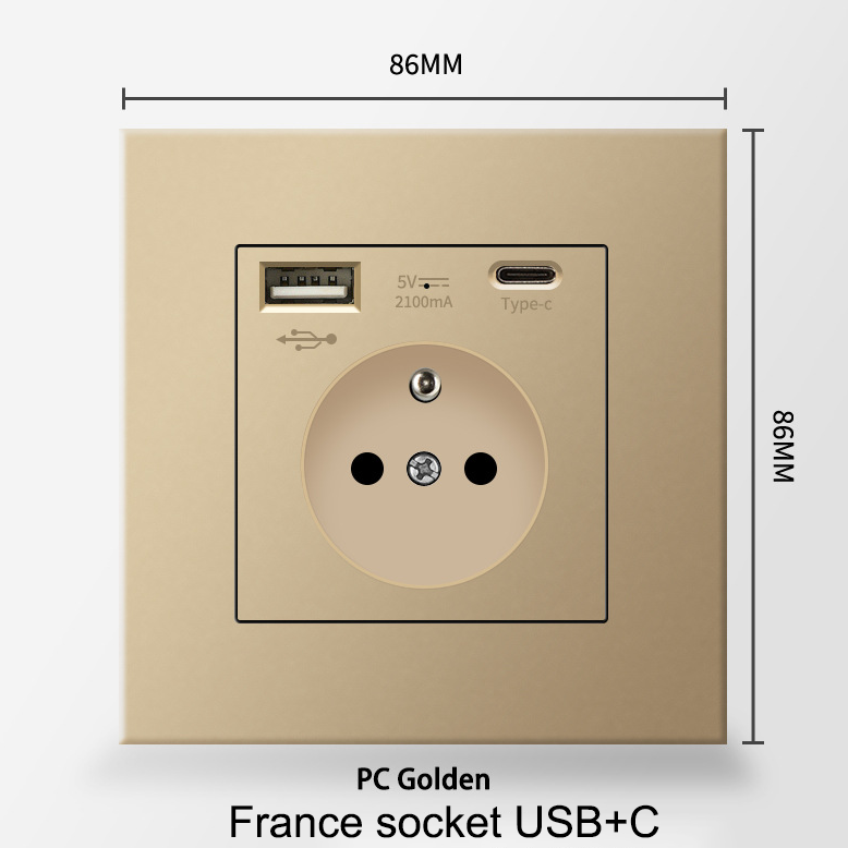 Prise murale avec USB et Type-C, 5 V - 2,1 A, prise USB intégrée standard UE, multiprise française avec boîtier de montage, 110-250 V (Doré) - 4