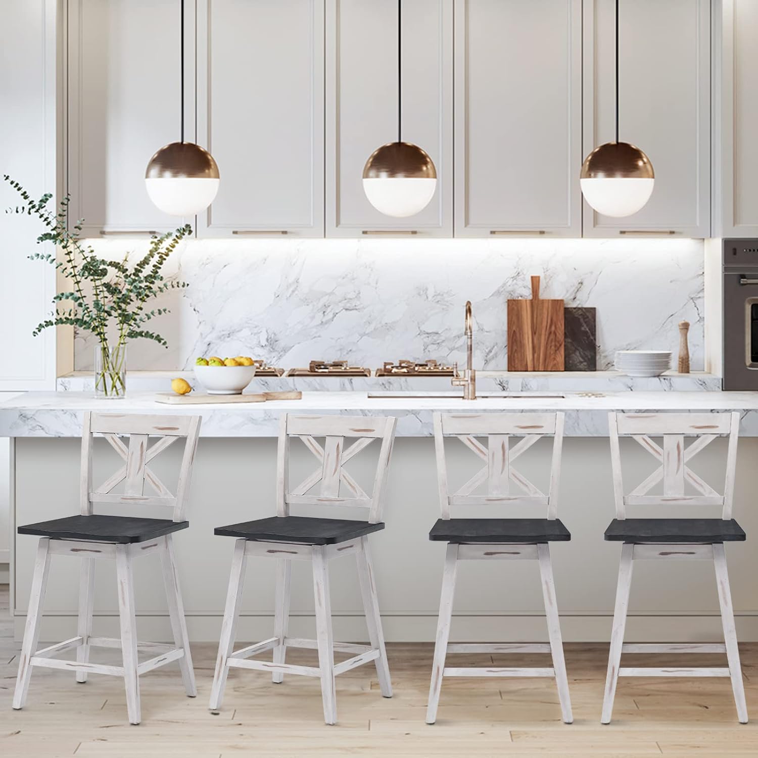 Set 2 Sedie Da Bar Girevoli - Legno Di Gomma, Bianco, 97kg Portata