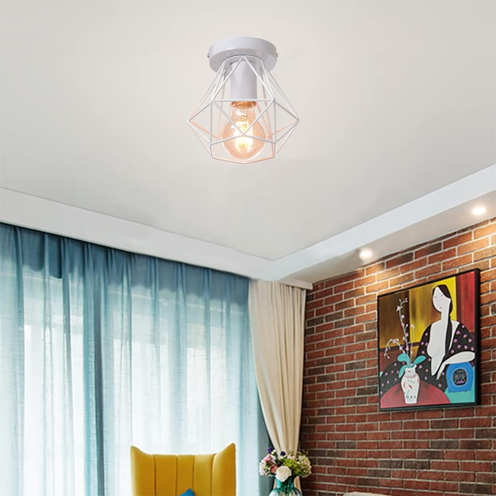Plafonnier industrielle cage en métal fer forge, retro suspension luminaire lustre style vintage lampe de plafond, E27 base Ø16cm - Blanc - 2